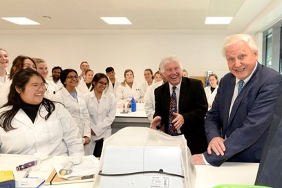 Biochemistry with Integrated Master's MSci students listening to David Attenborough in Keele lab.